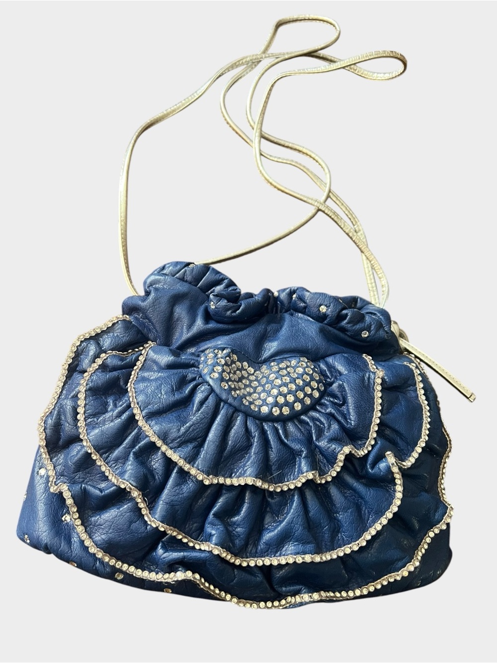 Vintage Rita Diana for Mylinka Blue Leather Rhinestone Ruffle Purse